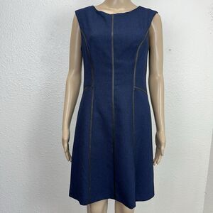 Andrew Mark black faux leather piping detail sheath dress herringbone blue 8P
